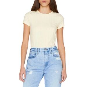 FRAME Crewneck Ribbed/Striped Pullover Tee, Pale Yellow, Size XS